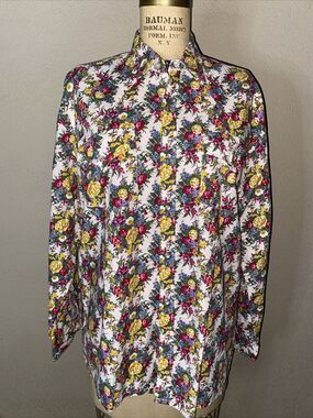 Mens 1970s NAF Button Up Floral Print Long Sleeve With Snaps Size Large Cotton